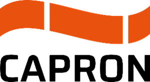 Schwarzer CAPRON Schriftzug mit orangenem Wellenelement